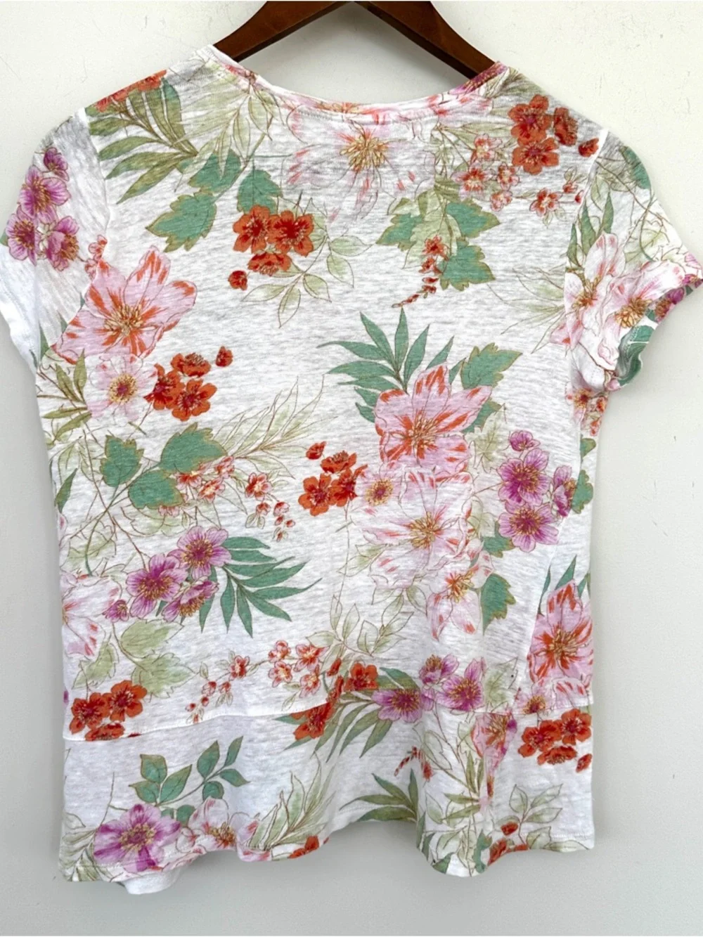 J. Jill Floral Short Sleeve Tee - White, Pink, Green, Relaxed Fit, Linen Knit - Picture 3 of 8